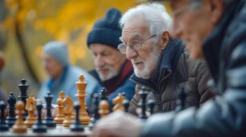 Amidst the lush greenery of the park a group of seniors huddle around a chess board their determined expressions reflecting the intensity of the game photo