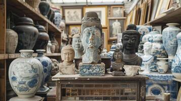 A small antique shop holds treasures for art collectors from vintage prints to ancient sculptures photo