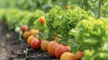 un bricolaje vegetal jardín lleno con filas de Fresco Produce desde jugoso Tomates a crujiente lechuga para el último granja a la mesa experiencia foto