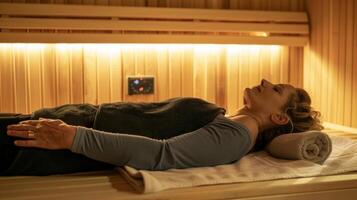 un persona tendido en su espalda en un toalla en el sauna banco ojos cerrado y manos descansando en su estómago escuchando a un meditación audio a ayuda ellos relajarse. foto