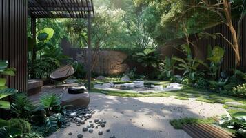 A serene outdoor meditation space surrounded by lush greenery and calming water features offering a sophisticated and peaceful setting for mindfulness and selfcare photo