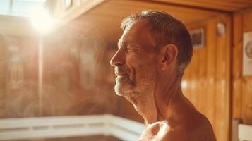 un hombre dejando el sauna su relajado expresión un claro firmar de el dolor alivio y aumentado rango de movimiento él tiene experimentado. foto
