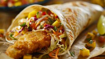 Crispy fried fish paired with a tangy slaw and sweet mango salsa wrapped in a warm flour tortilla photo