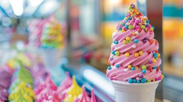 Vibrant pops of color from tropicalinspired sprinkles and candies adorning the ice cream photo