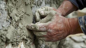 Hands carefully smoothing out any imperfections in the mortar ensuring a seamless finish photo