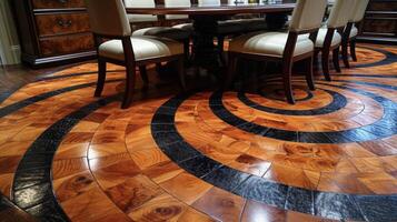 Upclose view of a spiral mosaic patterned hardwood floor adding a touch of whimsy and charm to this eclectic dining room photo