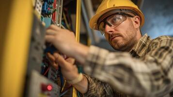 Using specialized tools an electrician removes outdated wiring from a 1950s home and replaces it with safe and updated materials photo