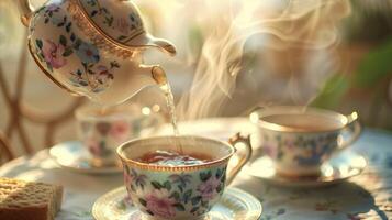 un encantador Clásico tetera torrencial humeante caliente té dentro delicado China tazas el por excelencia imagen de un merienda tarde foto