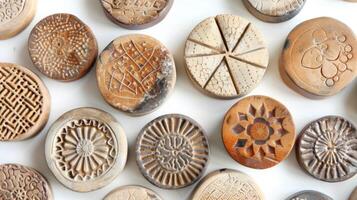 A collection of dried clay discs each imprinted with a different intricate pattern using stamping tools. photo
