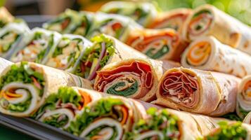 A variety of sandwiches and wraps arranged neatly on a serving tray perfect for a beach picnic photo