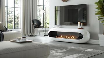 The chic fireplace boasts clean lines and a glossy white finish making it the perfect modern addition to any room. 2d flat cartoon photo