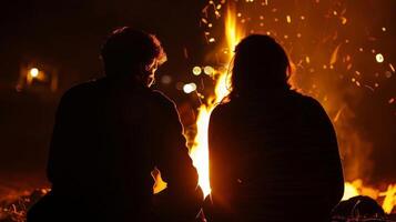 The couple sits side by side mesmerized by the dancing flames and lost in their own private world surrounded by the warmth of the fire. 2d flat cartoon photo