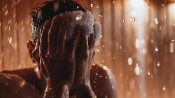 de cerca de un persona participación un frío comprimir a su frente como ellos sentar en el sauna utilizando el combinación de calor y frío a facilitar su palpitante dolor de cabeza. foto