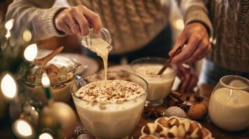 A family gathering in a kitchen making and tasting different types of warm nonalcoholic eggnog photo