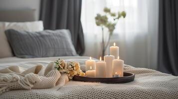 In a modern minimalist bedroom a set of small candles arranged in a geometric pattern serve as a subtle but impactful centerpiece. 2d flat cartoon photo
