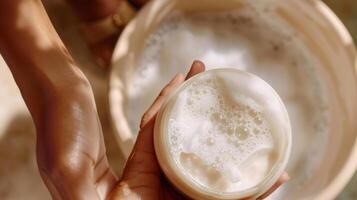 Applying a creamy hydrating body lotion infused with herbal extracts to nourish and protect the skin postsauna. photo