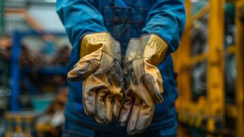 A worker holding up a pair of heavyduty gloves for their colleague to inspect before beginning their shift photo