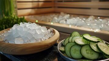 A tray of chilled cucumber slices and a bowl of crushed ice sit next to a sauna providing options for cooling down after a hot sauna session. photo