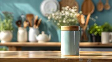 A large cylindrical ceramic jar with a wooden lid ideal for keeping pasta rice or other pantry staples fresh and organized. photo