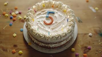 A cake with white frosting and candles in the shape of the number 5 surrounded by handdrawn sobriety symbols at a celebration marking five years of sobriety photo