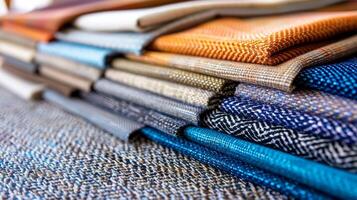 In the background fabric swatches of various colors and patterns are displayed on a table ready to be chosen for the suit photo