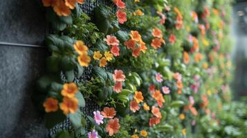 traer el al aire libre en con un vivo pared lleno con cascada vides y delicado flores respiración vida dentro ninguna habitación foto