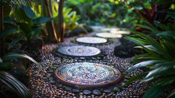 utilizar un serie de cerámico pisar piedras a crear un único ruta mediante el jardín cada uno presentando un diferente diseño. foto