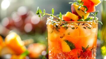 A closeup shot of a mocktail garnished with an elaborate fruit skewer and a sprig of fresh herbs photo