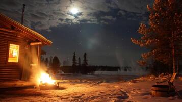 Outside the sauna a bonfire burns brightly under the full moon as participants take turns entering the sauna for a unique purifying experience. photo