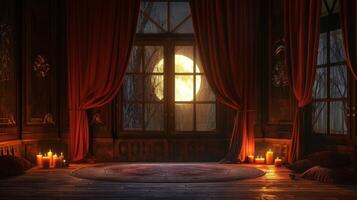 Velvet curtains frame the large windows allowing just enough moonlight to filter in and join the warm ambiance of the candles. 2d flat cartoon photo