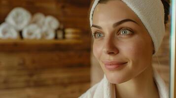 un mujer mirando a su piel en el espejo después un sauna sesión notando un más brillante y más claro tez. foto