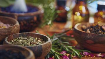 A soothing aromatherapy session with bowls of fragrant herbs and oils used to create a serene and calming ambiance photo