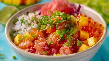 A colorful and flavorful poke bowl filled with fresh seafood tropical fruits and a tangy dressing photo
