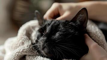 un pulcro negro gato contentamente ronroneo como eso recibe un amable facial masaje con orgánico todo natural productos foto