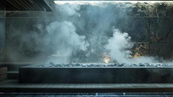 Steam rises from the saunas heated rocks filling the space with a comforting natural aroma. photo