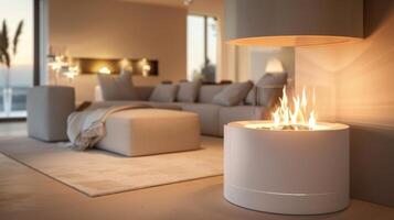 A white cylindrical fireplace breaks the monotony of a neutralcolored room its curved shape and minimalistic design making it a statement piece. The fire burns like 2d flat cartoon photo