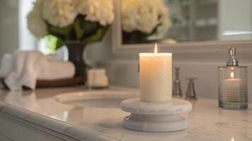 A vanilla bean candle sitting on a marble pedestal adding a touch of sophistication to a spalike bathroom photo