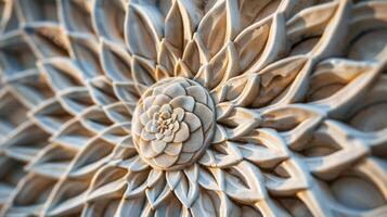 A finished ceramic tile with a relief carving of a geometric mandala pattern its threedimensional surface reflecting light and shadow. photo