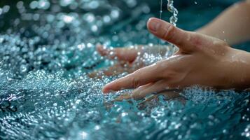 A closeup of a hand reaching for the lever to turn on the cold plunge water anticipation evident on their face. photo