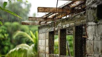 un parcialmente construido estructura siendo inspeccionado para ninguna daños y perjuicios causado por el lluvia foto