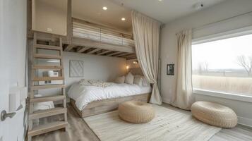 A creative loft bed construction utilizing a loft ladder and floortoceiling curtains for a fun and functional sleeping area photo