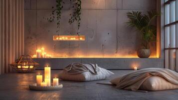 el combinación de el suave luz de una vela y el frio hormigón crea un como zen atmósfera en el habitación ideal para relajación y relajarse. 2d plano dibujos animados foto