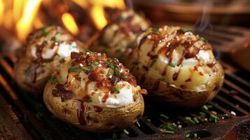 With flames crackling in the background these campfire baked potatoes offer a hearty twist on a clic dish. A dollop of tangy sour cream a sprinkle of fresh chives and a generou photo