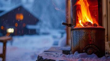 un tradicional a leña sauna estufa brillante rojo caliente y Proporcionar consolador calor en un Nevado noche. foto