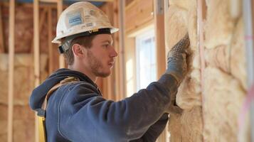 A technician demonstrating the proper technique for installing batt insulation between wall studs ensuring a snug efficient fit photo