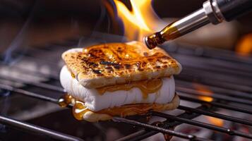 A handheld blowtorch being used to caramelize the marshmallow before adding it to the smore adding an extra layer of richness and flavor photo