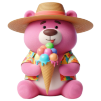 Pink teddy bear in straw hat and shirt eats a large ice cream cone png