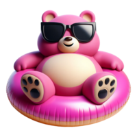 Pink teddy bear in sunglasses lies on inflatable circle png