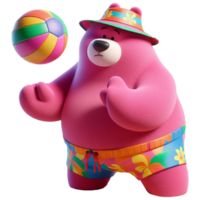 Pink teddy bear in beach hat and shorts plays beach volleyball png