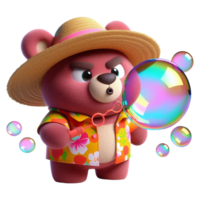 Pink teddy bear in straw hat and colorful shirt blows big soap bubbles png